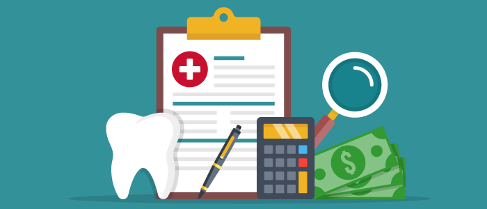Dental benefits symbols including a tooth, clipboard, calculator and money. 